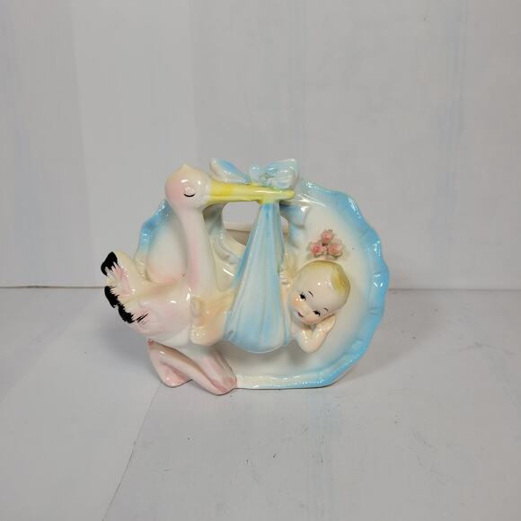 Vintage Baby & Stork Wall Hanging Planter 4946 Succulent, Nursery Decor - Picture 1 of 6